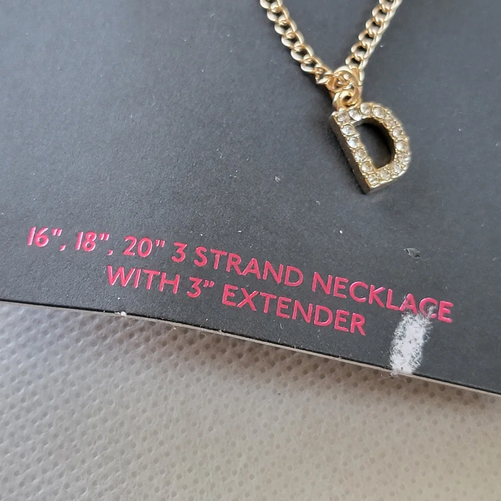 3 Strand Letter D Rhinestone Initial Necklace